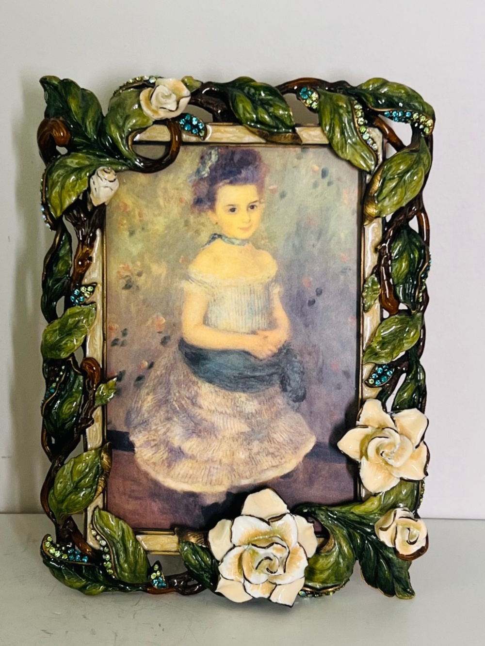 Jay Strongwater Enamel Crystal Picture Frame Cream Floral Vine Green